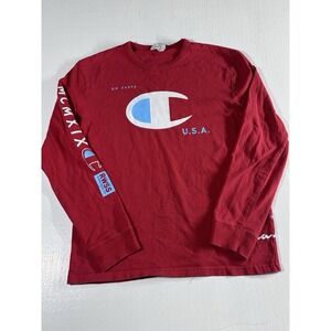 Champion Mens Shirt Medium Red Big Logo Heritage Print 90s Vintage Streetwear